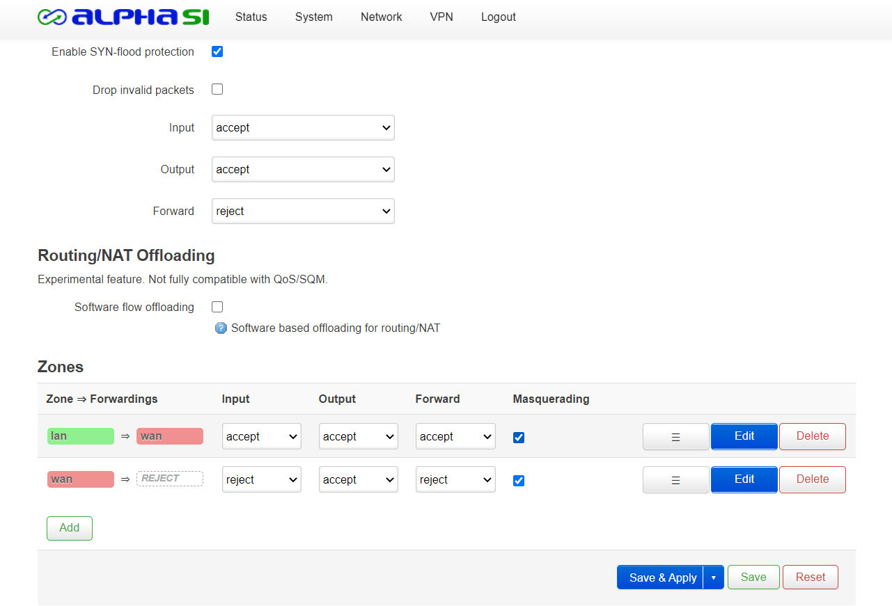 Sezione Zones. Spuntare Masquerading per lan => wan